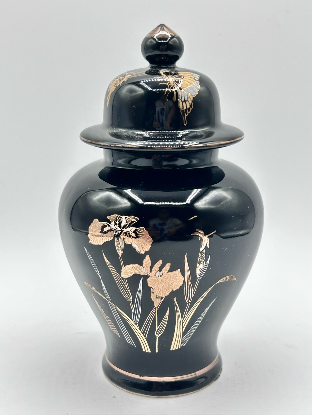 Japanese Lidded Ceramic Ginger Jars Black Gold Floral Iris Butterfly 6"